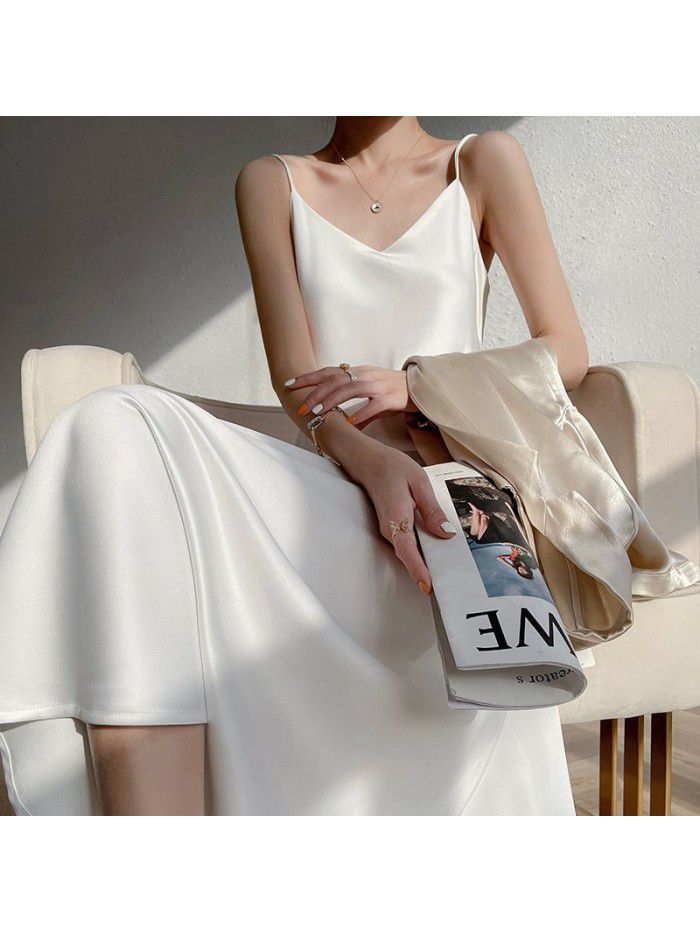 Sling Long Dress Sling Dress Women's Spring/Summer Underlay Suit Temperament French Acetic Acid Satin Long Dress 