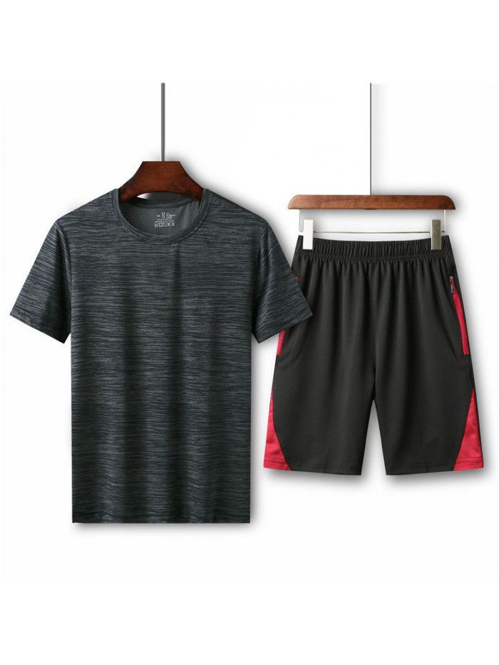 Summer men's loose fitting T-shirt running casual short sleeved round neck quick drying shorts sports set