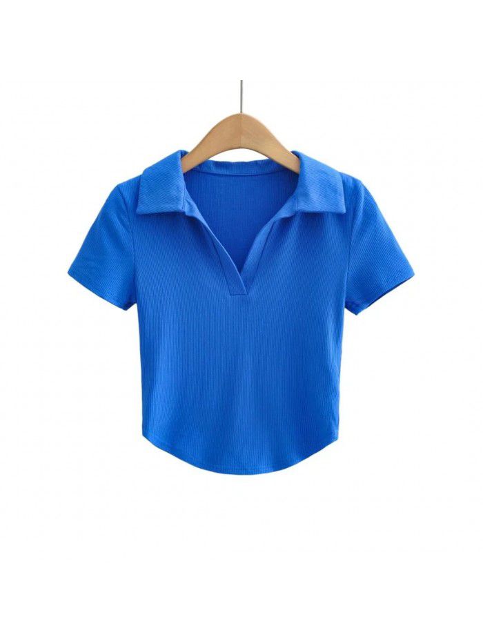 Summer New Pure Lust Style Slim Fit Short Polo Collar Solid Short Sleeve T-shirt Women 