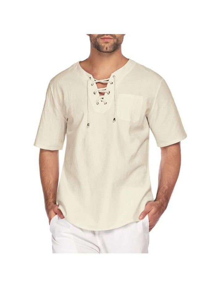 Summer New Street Men's Short Sleeve T-shirt Cotton Hemp Lacing Casual Fashion T-shirt 