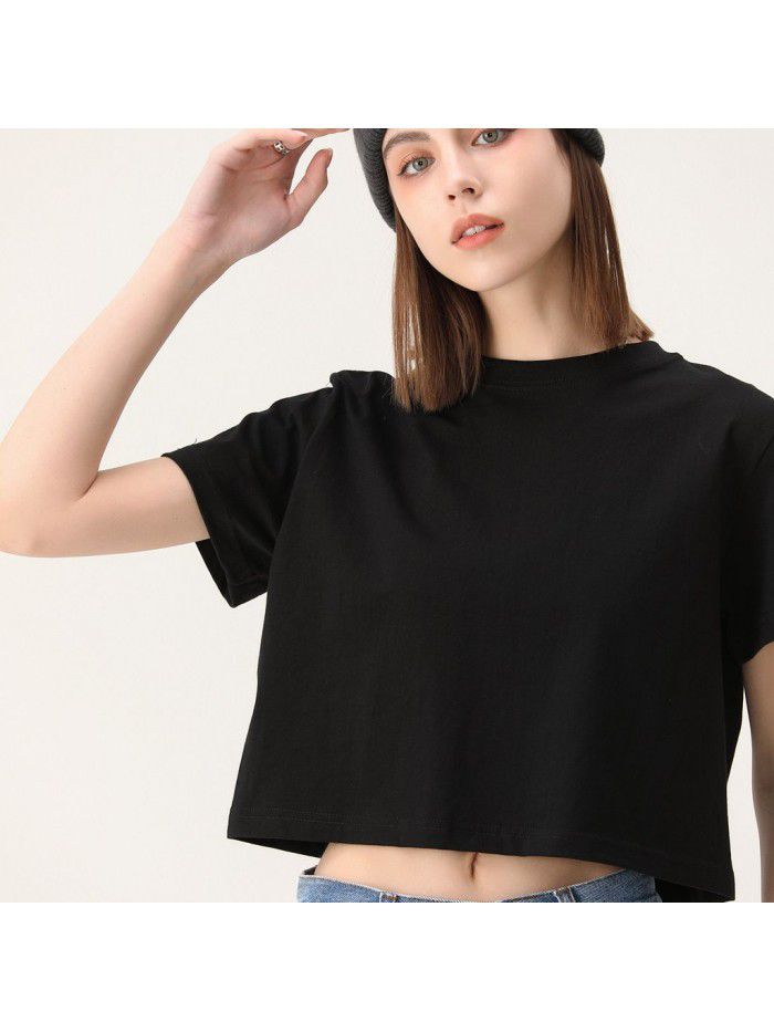 Short cut navel exposed short sleeved t-shirt for women Spring/Summer new niche short cut t-shirt made of pure cotton 