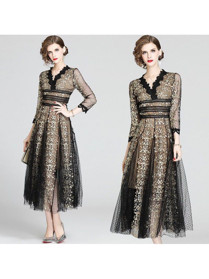 Early Autumn Women's Elegant and Elegant Style, Celebrity Shows Slim V-neck, 9/4 Sleeve Large Swing Long Dress Dress Dress 