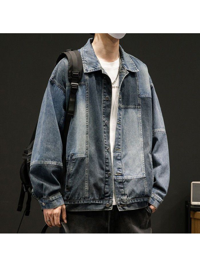 Large size patchwork denim jacket for men in spring and autumn, European and American retro loose top, casual Japanese work jacket