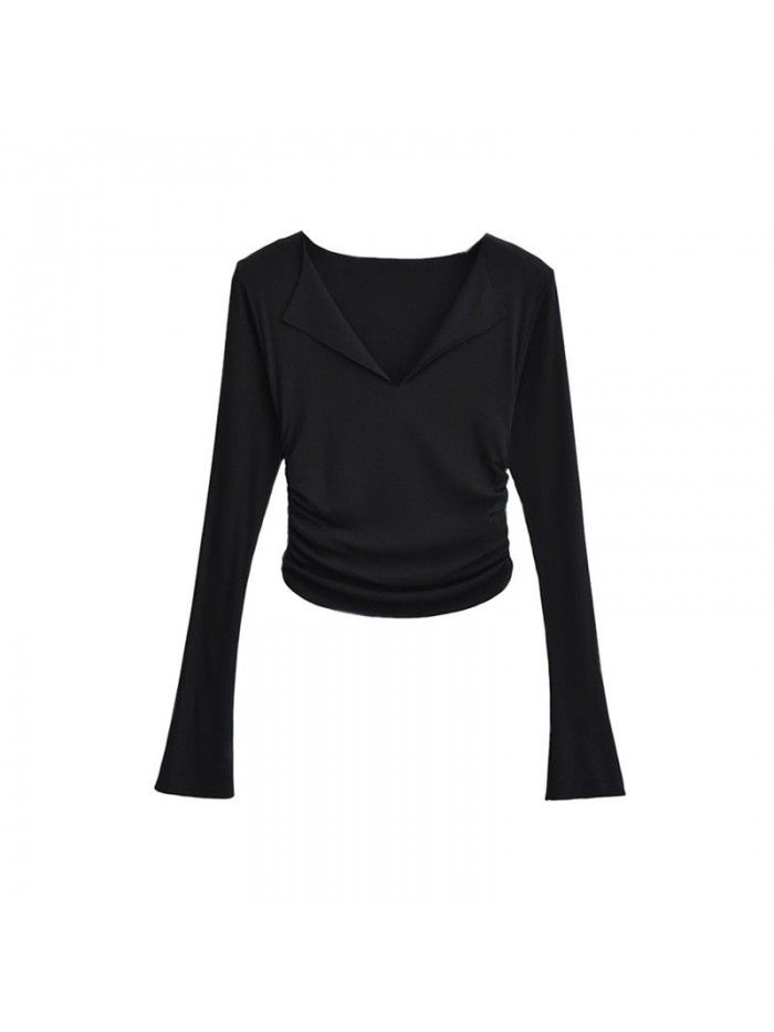 Pure desire V-neck flanging flared sleeve T-shirt for female minority Spicy girls pleated slim high waist short solid color bottom top 