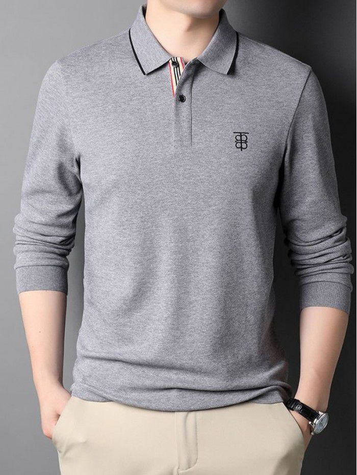 Autumn Men's Youth Long Sleeve Fashion T-shirt with Polo Collar Printed Bottom Cotton Men's POLO Shirt Top 