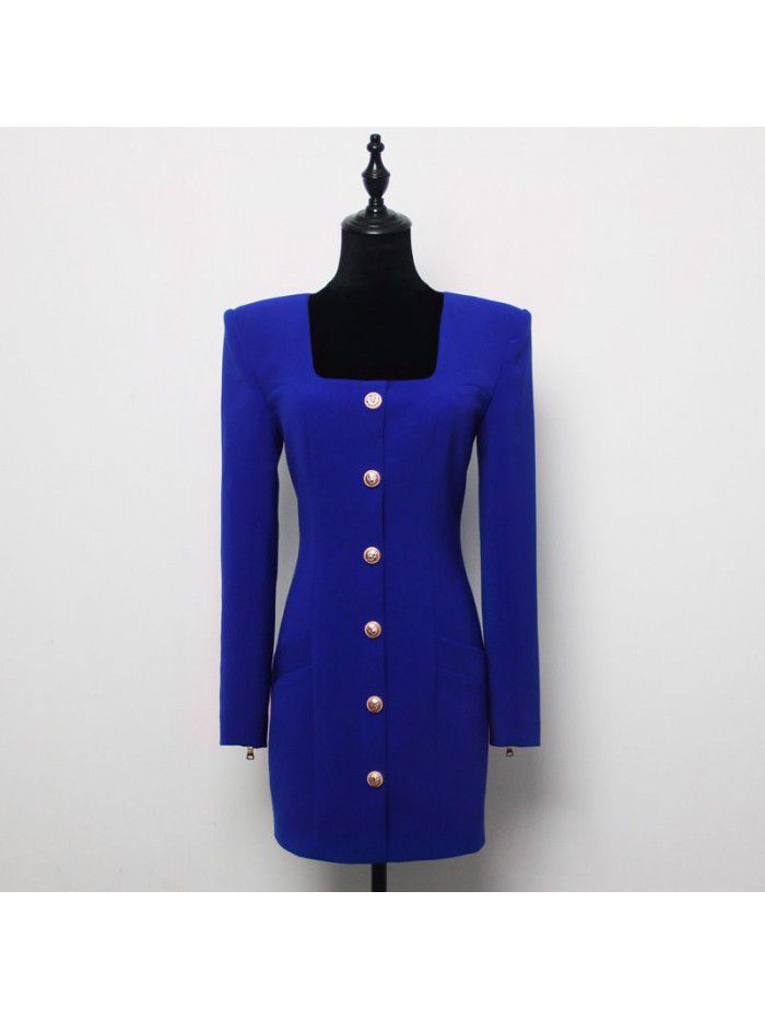 Spring and Autumn New Fashion Solid Color Square Neck Single breasted Long Sleeve Zipper Short Women's Dress 