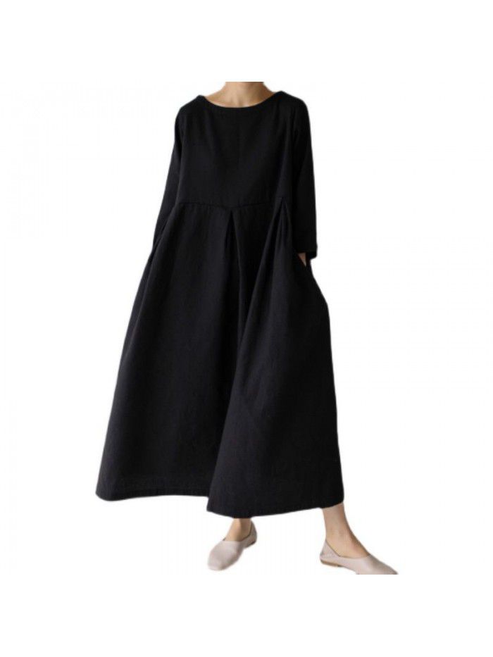 Loose Size Dress Women's Cotton Leprosy Round Neck Pullover Solid Color Over Knee Long Dress Large Swing Skirt