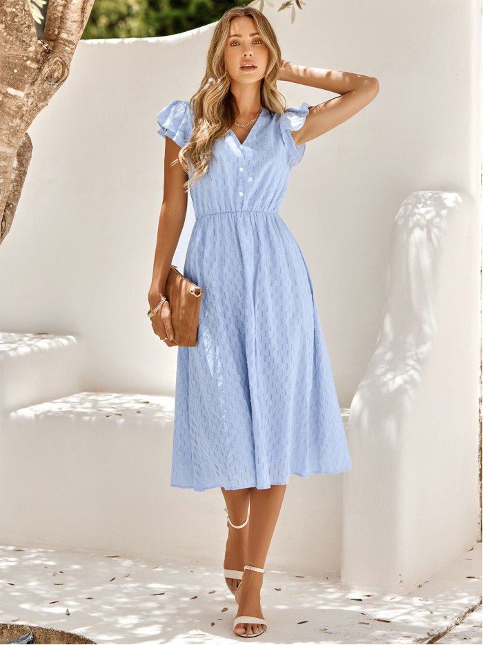 Summer New Casual Women's Wear European and American Solid V-Neck Waist Wrapped Fresh Style Dress for Women 