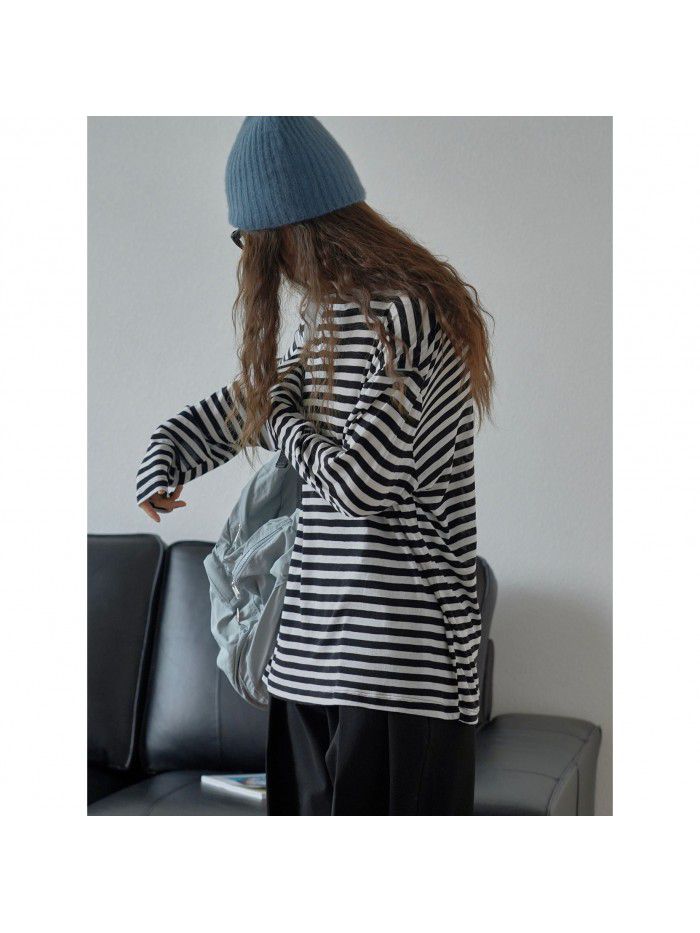 Autumn New Korean Version Lazy Soft Waxy Wool Striped T-shirt Loose, Slim, Comfortable Long Sleeve Casual Top 