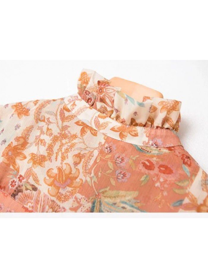 Spring/Summer New Wooden Ear Collar Print Mid length Holiday Style Belt Dress 