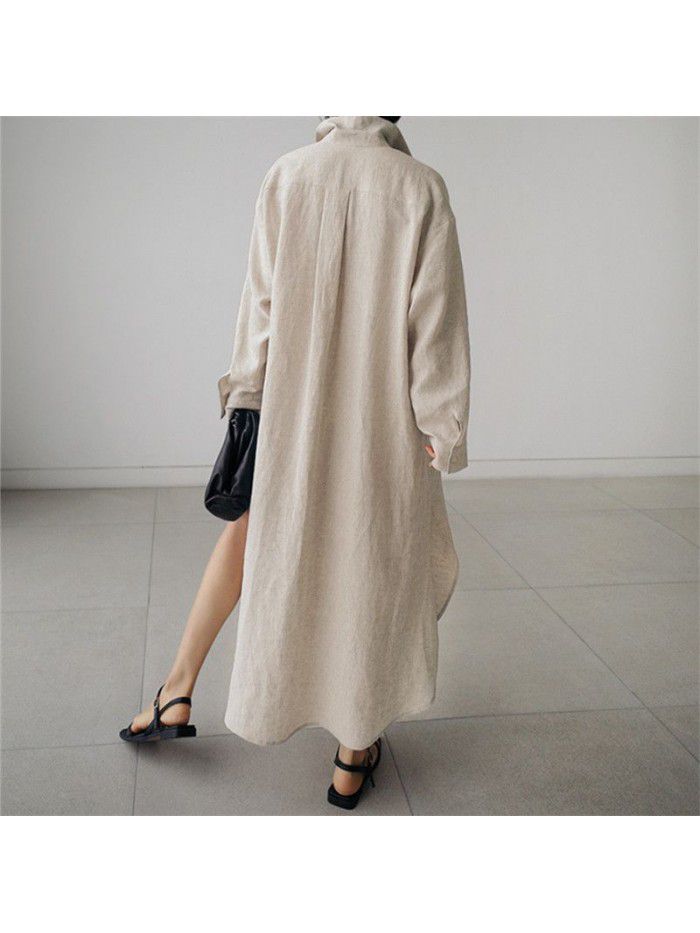 Cotton linen shirt skirt loose irregular bottom shirt sunscreen cardigan long knee length dress trendy dress cotton 