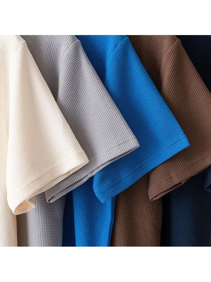 Short sleeved men's T-shirt Japanese vintage heavy weight coffee waffle men and women brown chocolate loose half sleeved summer 