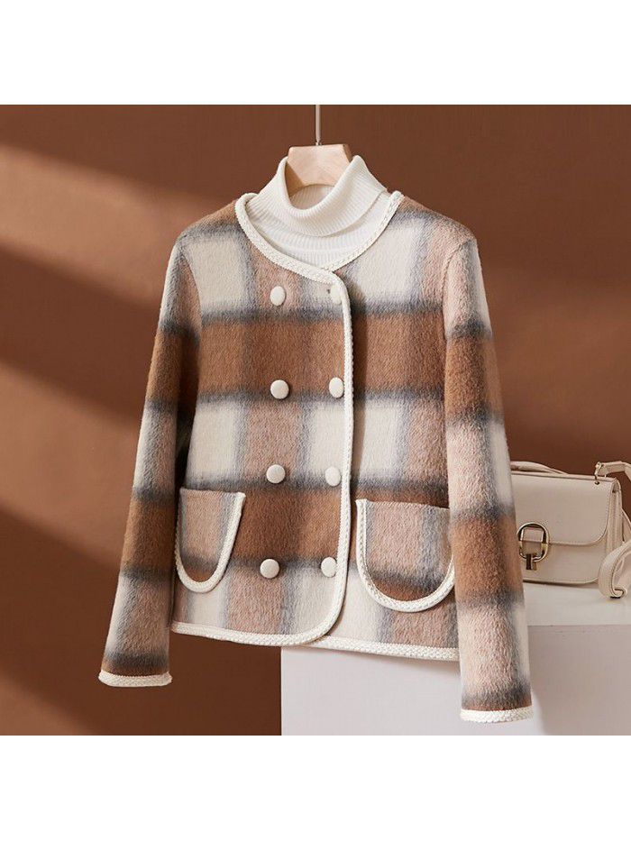 Checkered double-sided woolen coat for women's autumn and winter wool coat short coat for women's new style