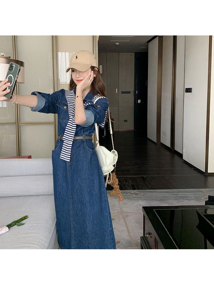 Small crowd design feeling shawl tea break French denim dress New popular long skirt for women's spring wear 