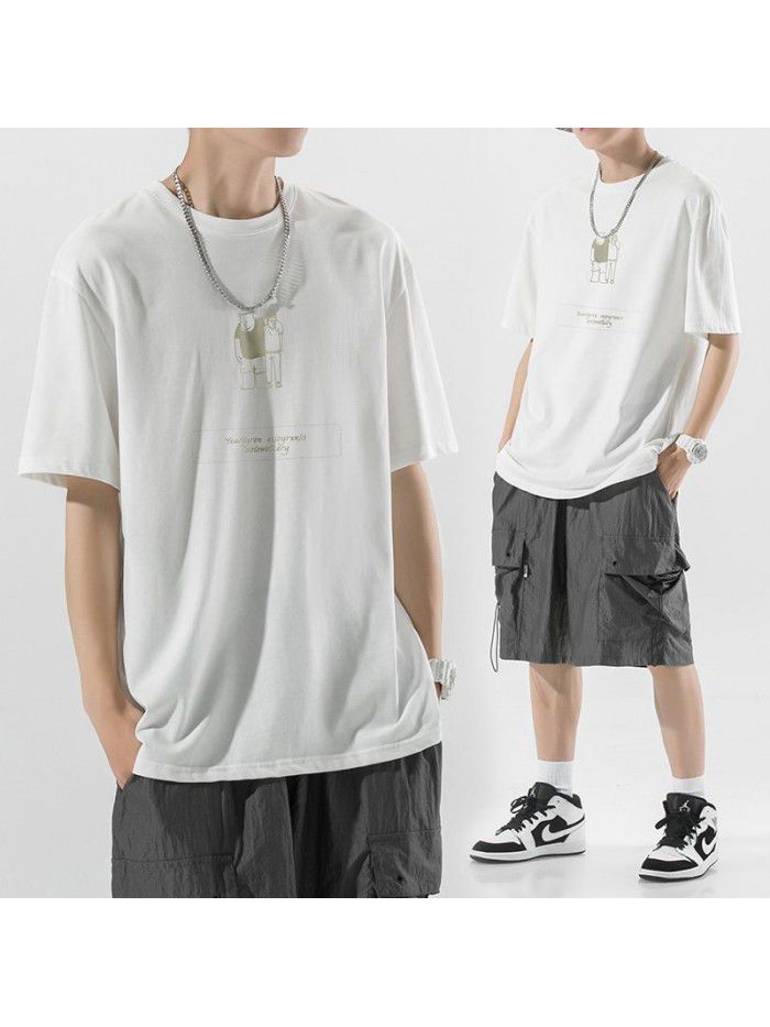 Cotton short sleeved T-shirt for men's summer new trend ins printed T-shirt for couples loose fitting casual versatile top 