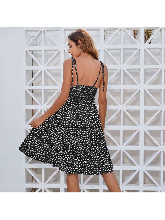 Strap printed dress with leopard print polka dot skirt for children 