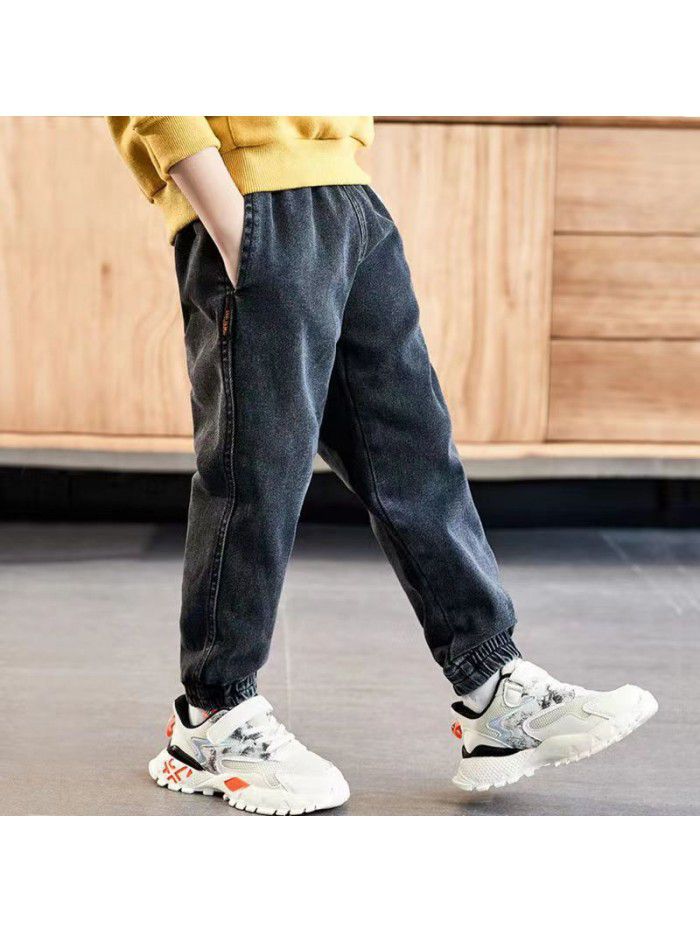 Boys' jeans autumn and winter plush children's leggings loose casual children's clothing 