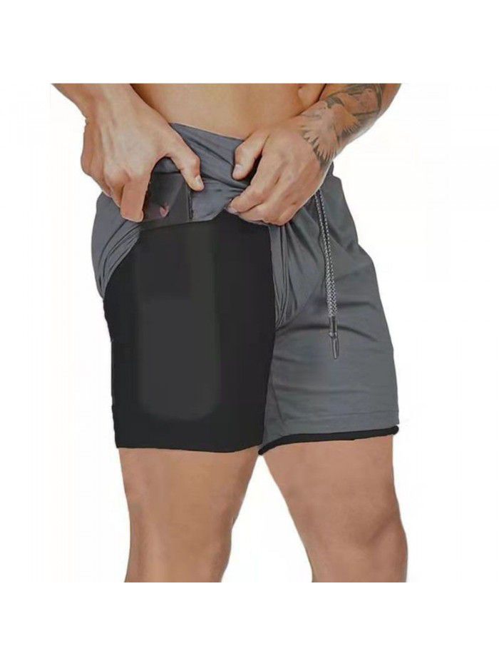 Men's double layer shorts, solid mesh sports and fitness training pants, five point casual pants, men's pants 