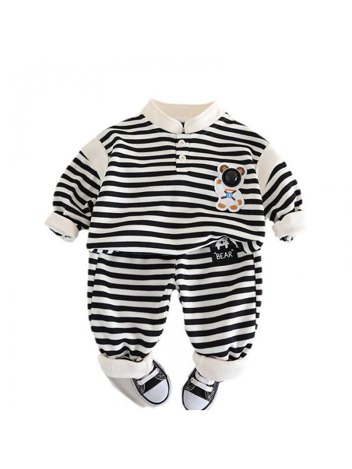 Boys' Spring and Autumn Set New Korean Edition Handsome Men's Treasure Striped Sweatshirt Two Piece Set for Children's Fashion 