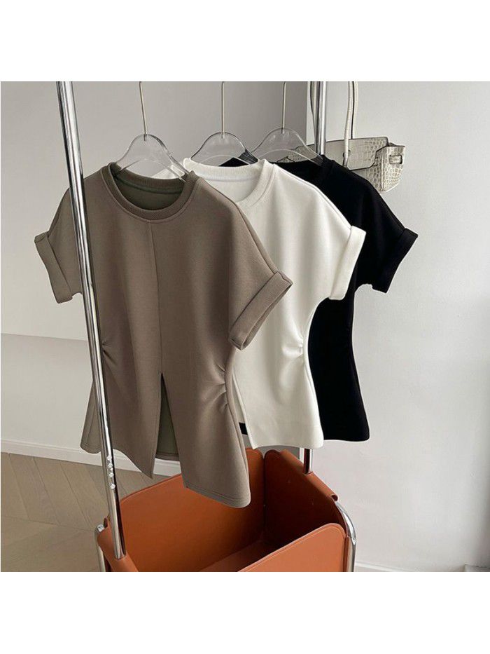 Split Shoulder T-shirt for Women's Summer New Style Waist Slim Fit and Slim Fit Short Sleeve Top 