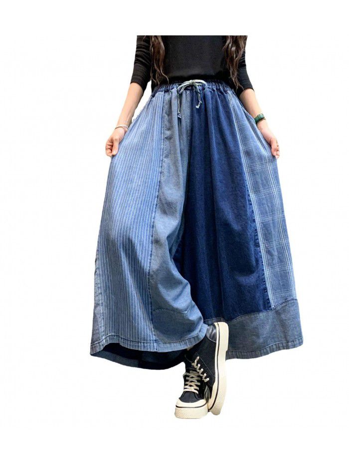 Denim Wide Leg Pants Spring New Fashion Personalized Color Matching Old Size Skirt Pants Cropped Pants Women 