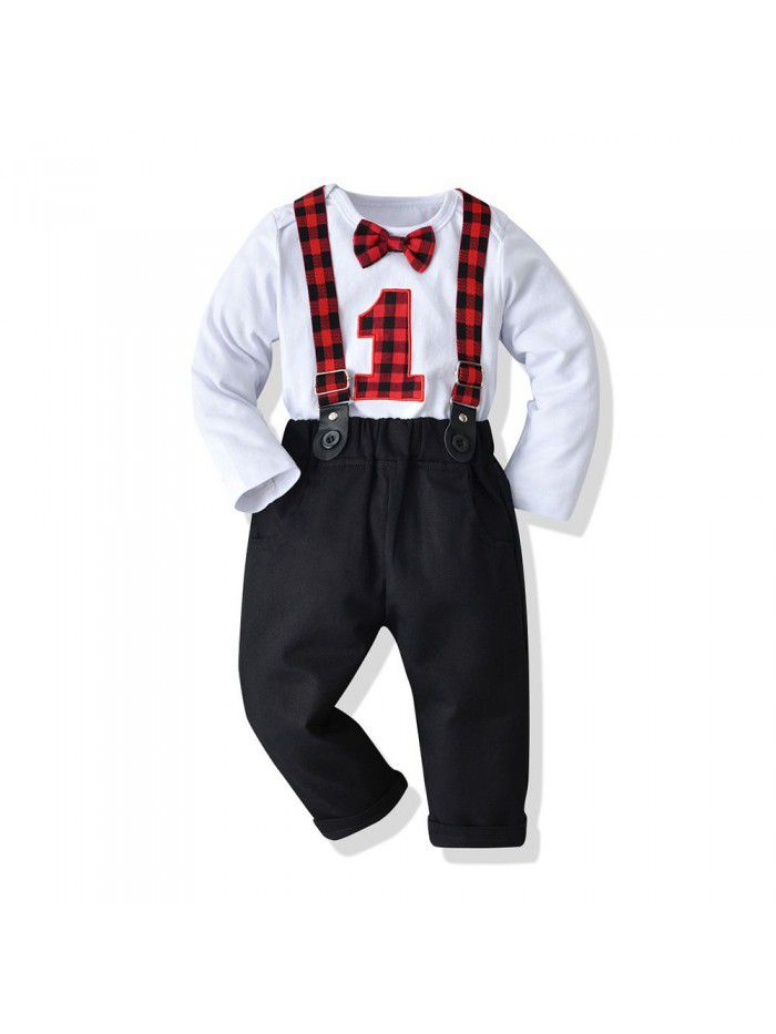 Baby Boys Fall Long Sleeve T-shirt Strap Pants Boys Set Gentleman Bowtie Cotton Creeper 