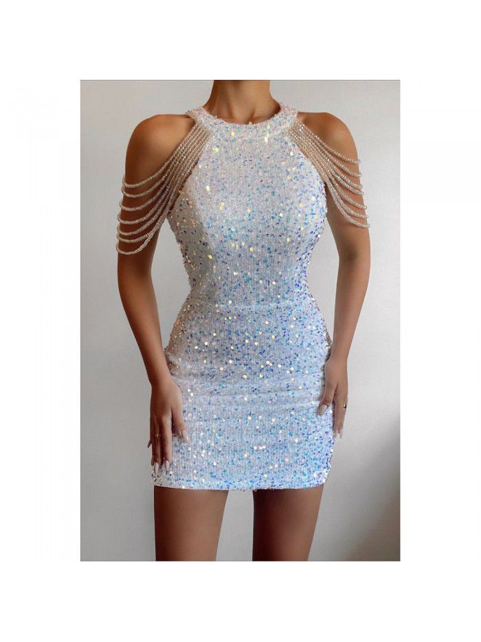 Sequin short dress dress spring and summer women's popular round neck sexy slim fringed dress 