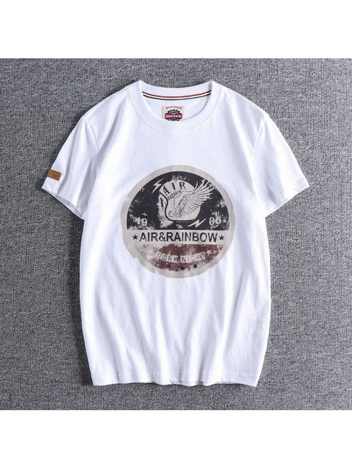 New Washed Brushed Skeleton Head Printing Foreign Trade Retro Round Neck Short Sleeve T-shirt Men's Half Sleeve T 