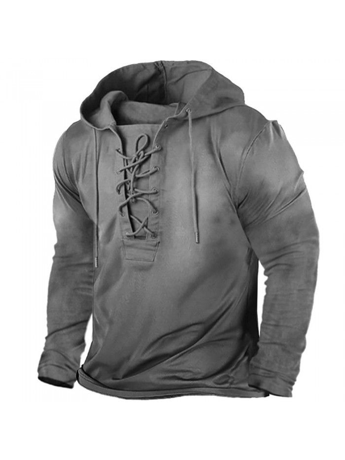Men's Outdoor Vintage Lace Up Hooded Long Sleeve T-shirt Autumn Solid Casual Top 