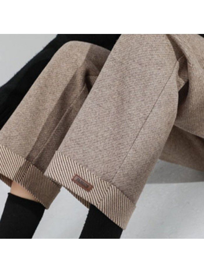 Woolen pants Children's autumn and winter wide legs, high waist, slimming casual cropped loose black thickened straight pants 