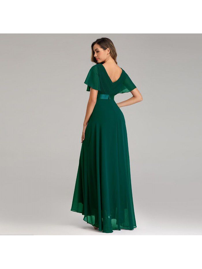 Spring/Summer Handmade Folded Big Swing Double V-neck Flare Sleeve Dress Elastic Chiffon Banquet Bridesmaid Large Evening Dress 