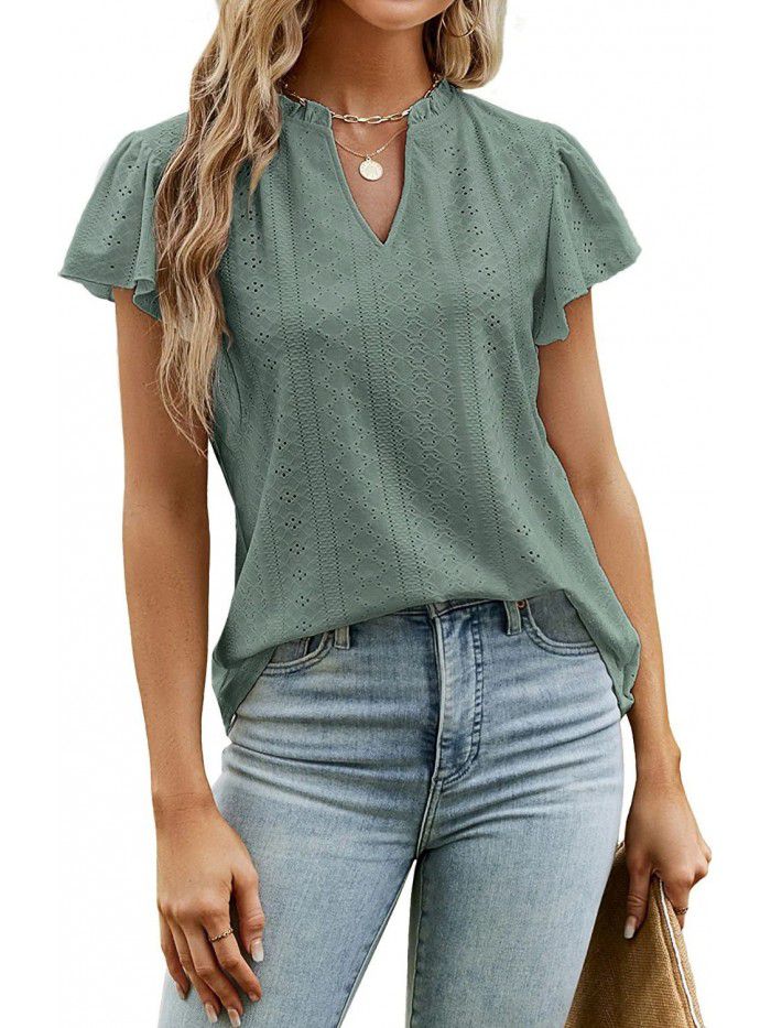 Spring/Summer Loose Solid V-Neck Ruffle Sleeve Jacquard T-shirt Women's Top 