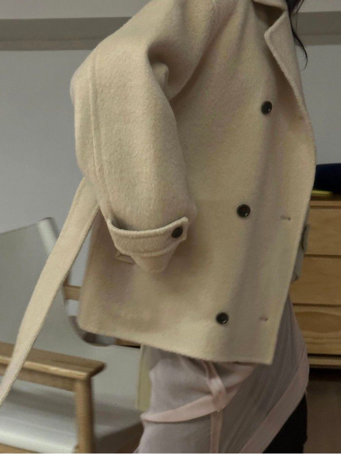 Retro lapel collar double breasted coat for women's winter new silhouette wool double-sided woolen coat