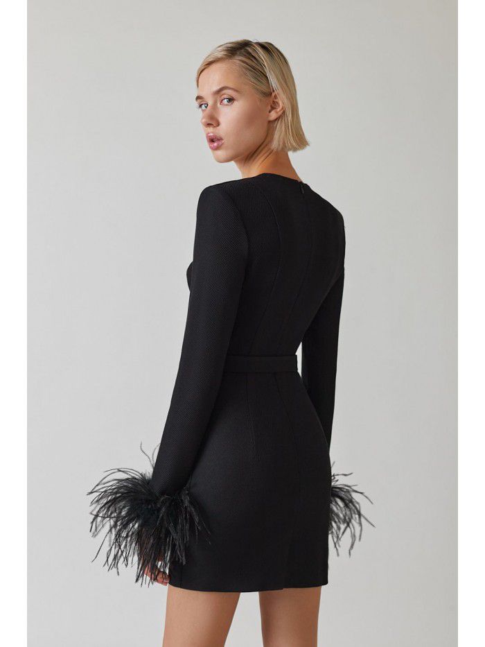 Autumn and Winter New Long Sleeve Feather Cuff Bandage Dress European and American Fashion Elegant Dress Party Dress Dress 