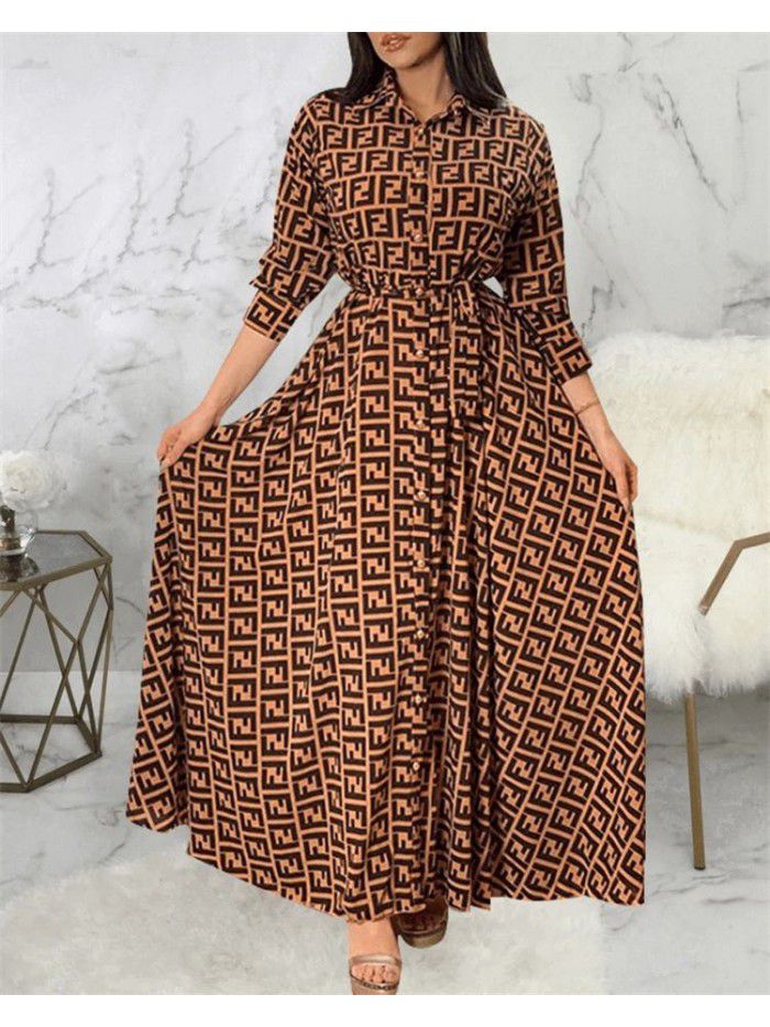 New retro floral print single breasted belt long dress 