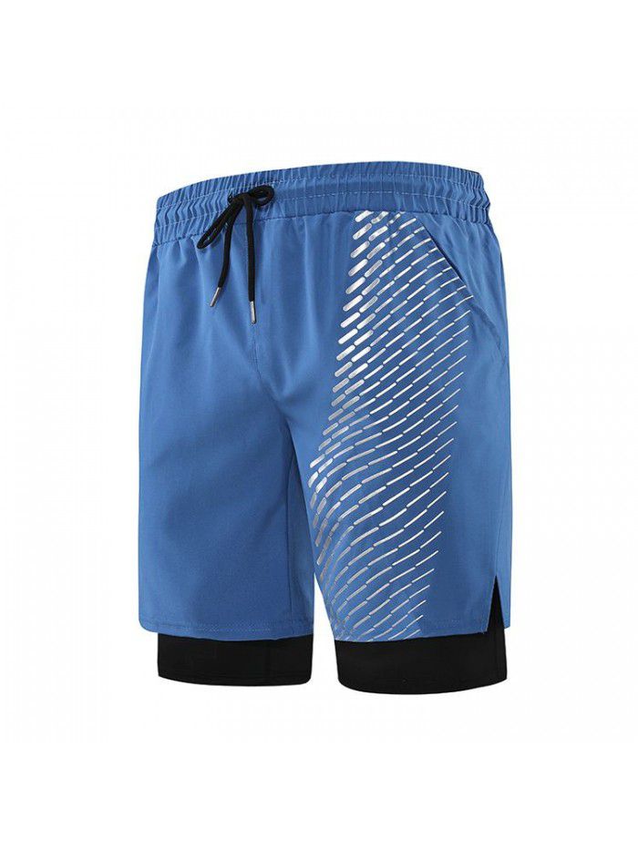 Fake Two Piece Double Layer Quick Drying Sports Shorts for Men's New Printed Breathable Split Running Fitness Capris 