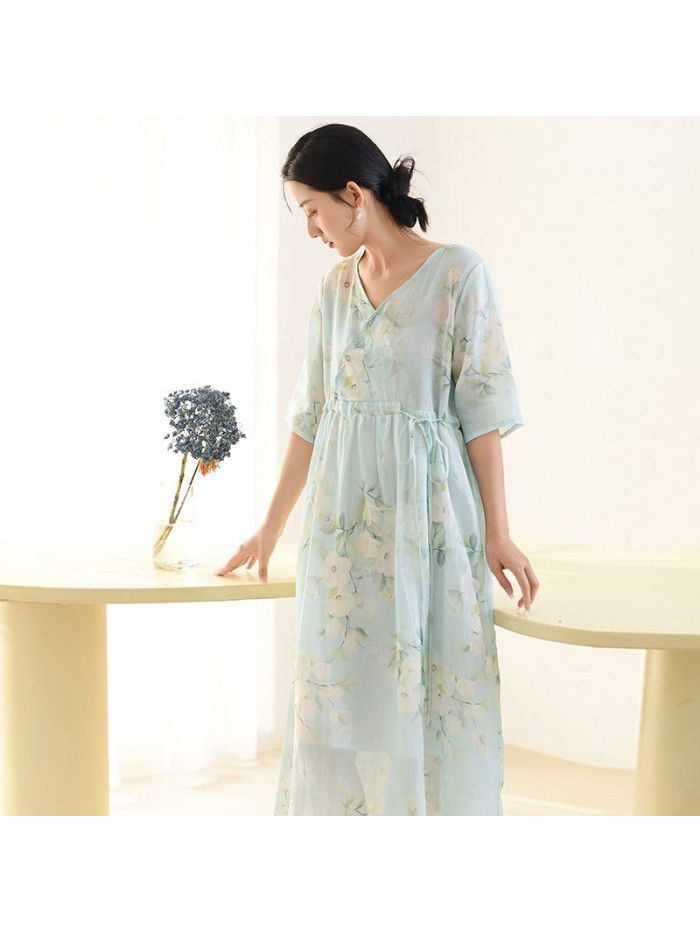 Cotton and linen women's clothing=new summer ramie printed dress for women with a slim V-neck and a retro Chinese long skirt 
