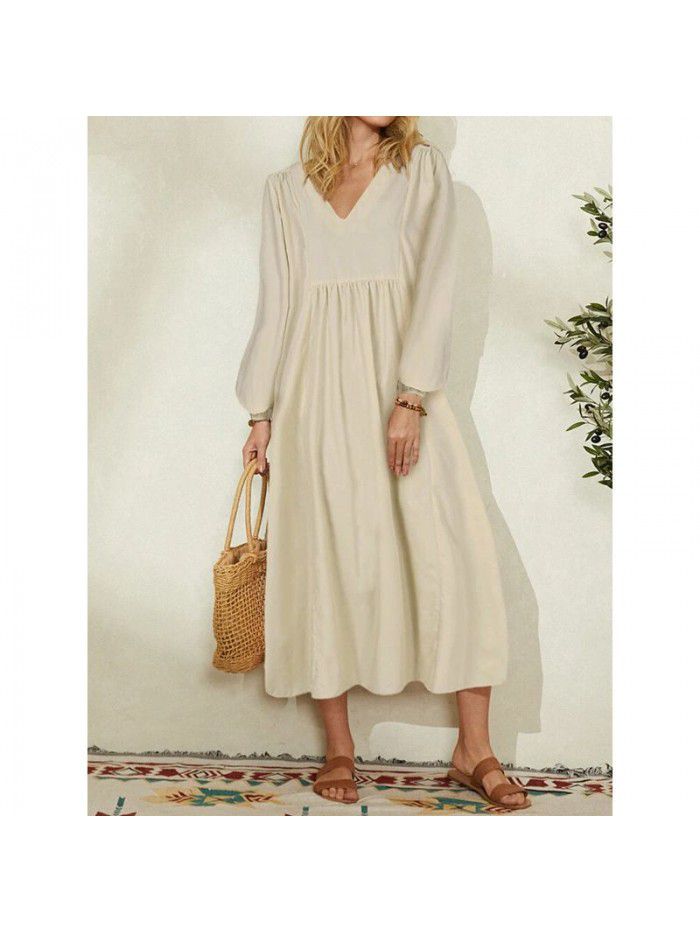 Summer New Fashion Women's Cotton Hemp Loose Lantern Sleeve Dress