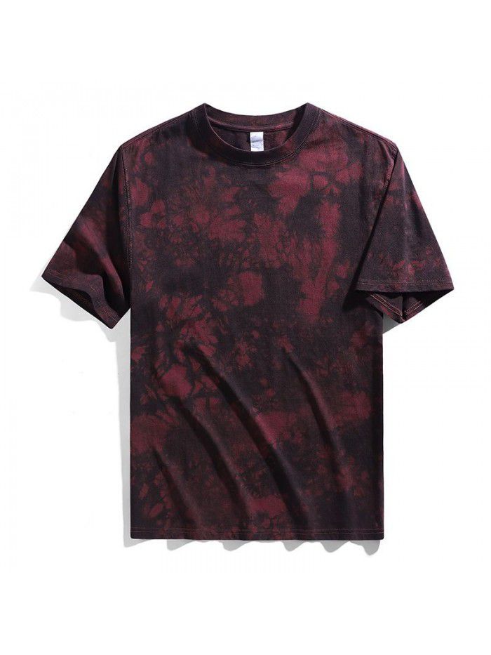 Men's tie dyed t-shirt, shoulder length, pure cotton loose short sleeved men's heavy duty t-shirt, round neck, trendy brand top