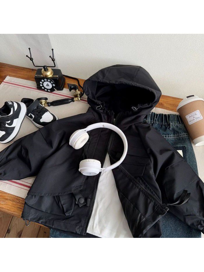 Children's versatile solid color jacket Children's clothing Autumn new baby top Korean version boys' black jacket 