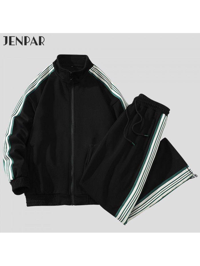 Sports Set Unisex Spring New Running Stand Neck Coat Loose Pants Casual Three Bar Two Piece Set 