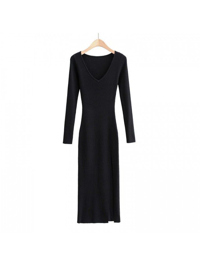 Dress Autumn and Winter Style Temperament Slim Fit V-neck Over Knee Long Dress Sexy Side Split Knitted Dress  Dress Autumn and Winter Style Temperament Slim Fit V-neck Over Knee Long Dress Sexy Side Split Knitted Dress