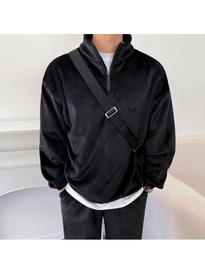Trendy Sports Set Men's Autumn and Winter Loose Standing Neck Sweater Tie Feet Casual Pants Two Piece Set 