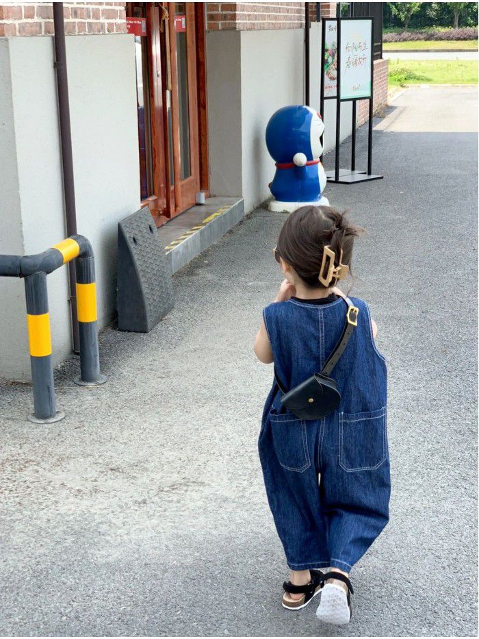 Children's Bodysuit Strap Pants Spring/Summer Boys' and Girls' Korean Version Fashion Loose Workwear Sleeveless Denim Bodysuit 