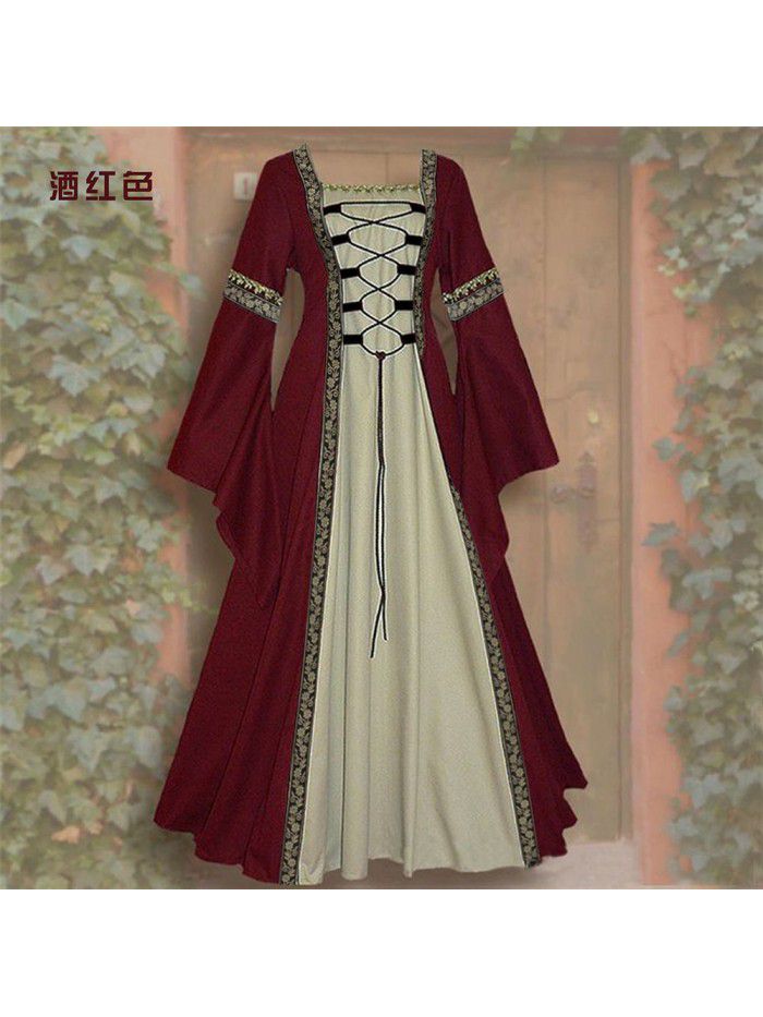 Square neck long sleeved flared sleeve lace up long style dress Gothic retro women's clothing 