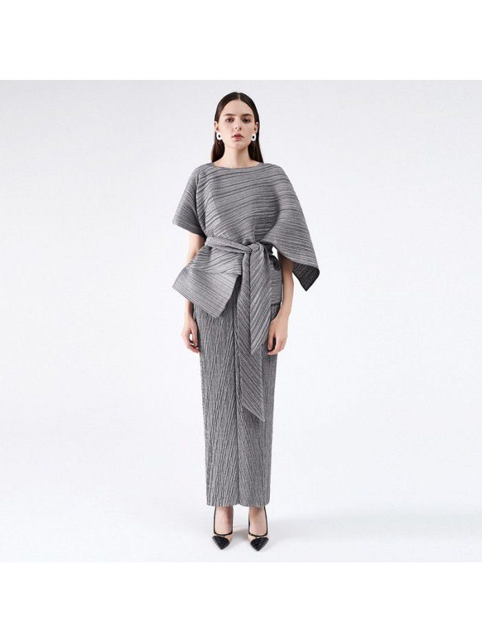Summer New Two Piece Set Temperament Women's Slim Fit Long Party Fashion Pleated Dress 