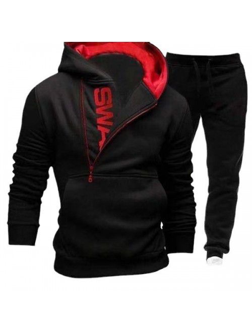 New Men's Hooded Oblique Zipper Print Pullover Two...