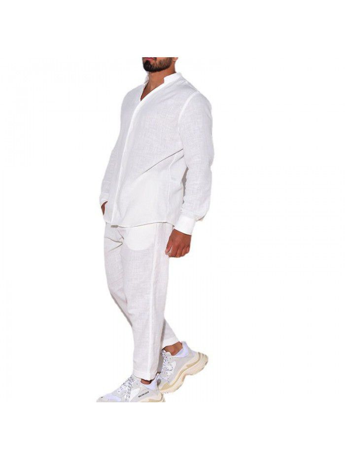 Men's linen autumn casual suit long sleeved one piece work pants 