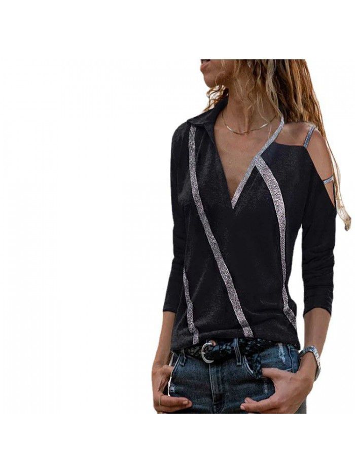 Spring New Top European and American Solid Color Off Shoulder Long Sleeve Casual Pullover Bright Gold Silk T-shirt Women 