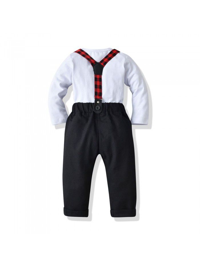 Baby Boys Fall Long Sleeve T-shirt Strap Pants Boys Set Gentleman Bowtie Cotton Creeper 